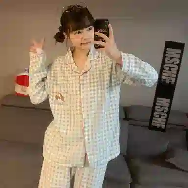 静英鸾 家居女舒适简约翻领设计格子图案长袖服睡衣礼盒 女款