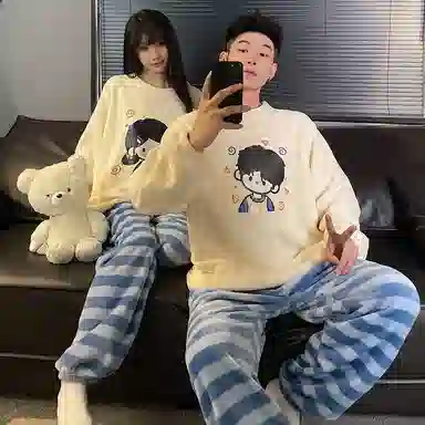 静英鸾 珊瑚绒保暖加绒加厚卡通男孩可爱女孩圆领长袖长裤休闲家居服睡衣套装 男女同款