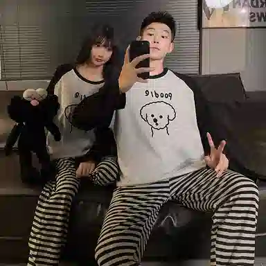 静英鸾 纯棉卡通可爱卷毛小狗圆领套头长袖长裤休闲家居服秋冬季睡衣套装 男女同款