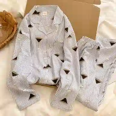 静英鸾 简约休闲翻领条纹亲肤舒适可外穿家居服睡衣套装 女款
