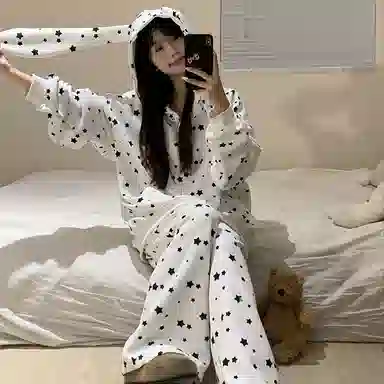 静英鸾 卡通满印舒适透气长袖连帽睡衣套装 女款