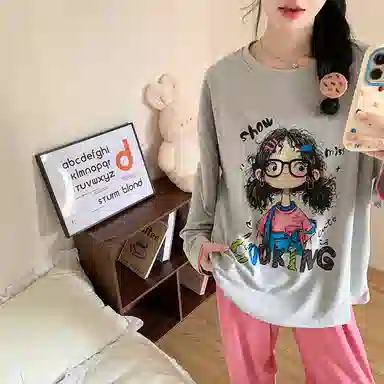 静英鸾 棉质带胸垫长袖长裤圆领套头可爱甜美女孩家居服秋冬季睡衣套装 女款