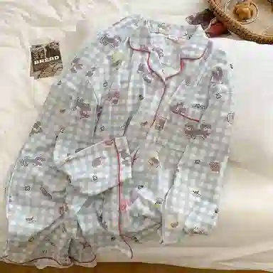 静英鸾 翻领格子可爱小狗甜美风休闲舒适家居服睡衣套装 女款