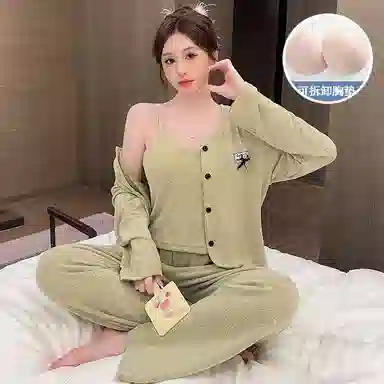静英鸾 棉质羊绒长袖吊带长裤开衫纯色简约小清新家居服秋冬季睡衣套装 女款