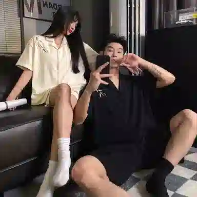 静英鸾 夏季情侣舒适简约设计轻便叶子图案短袖家居服睡衣套装 男女同款