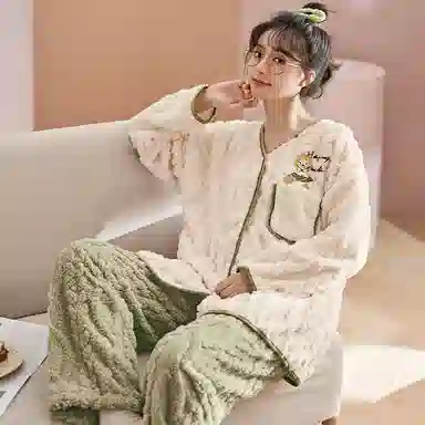 静英鸾 卡通图案可外穿风格长袖轻盈加绒加厚家居服睡衣套装 女款