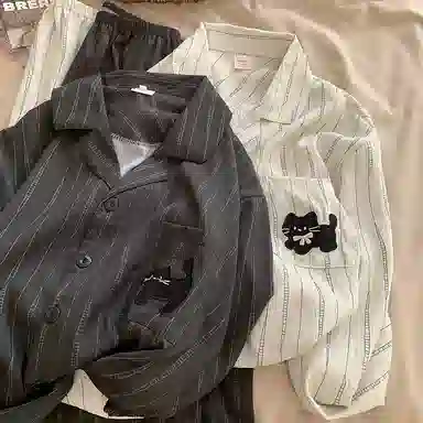 静英鸾 翻领条纹可爱小猫休闲舒适家居服睡衣套装 男女同款