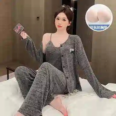 静英鸾 棉质羊绒长袖吊带长裤开衫纯色简约舒适家居服秋冬季睡衣套装 女款