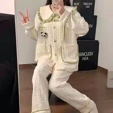 静英鸾 珊瑚绒三层夹棉保暖加绒加厚长袖长裤可爱小清新熊猫家居服冬季睡衣套装 女款