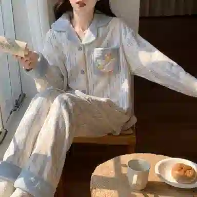 静英鸾 法兰绒保暖加厚加绒卡通鸭子条纹长袖长裤休闲家居服秋冬季睡衣套装 女款