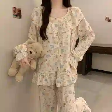 静英鸾 带胸垫长袖长裤满印卡通可爱小熊家居服秋冬季睡衣套装 女款