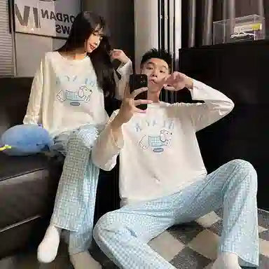静英鸾 纯棉卡通可爱小狗格子圆领套头长袖长裤休闲家居服秋冬季睡衣套装 男女同款