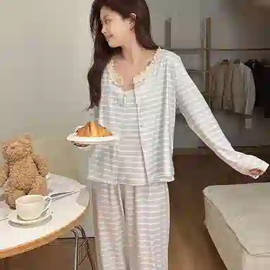 静英鸾 德绒保暖加厚长袖长裤吊带带胸垫可爱甜美条纹舒适休闲三件套家居服秋冬季睡衣套装 女款