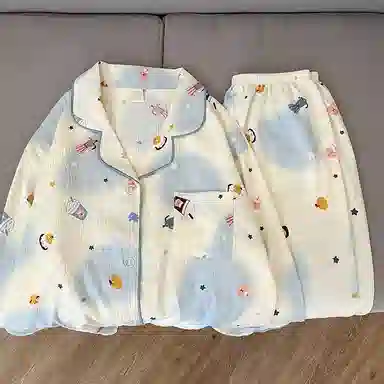 静英鸾 翻领设计花色简约舒适可外穿家居服长袖长裤睡衣套装 女款