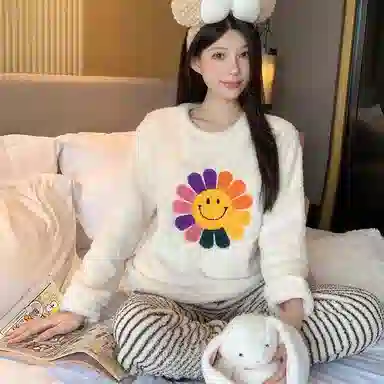 静英鸾 珊瑚绒加绒加厚保暖圆领简约大花长袖长裤休闲家居服秋冬季睡衣套装 女款