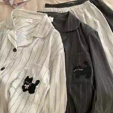 静英鸾 翻领条纹可爱小猫休闲舒适家居服睡衣套装 男女同款