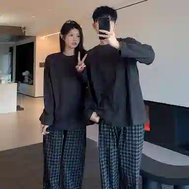 静英鸾 纯色圆领简约风休闲舒适家居服睡衣套装 男女同款