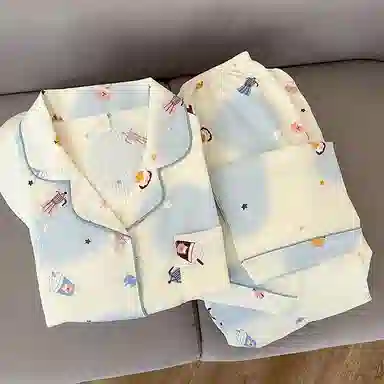 静英鸾 翻领设计花色简约舒适可外穿家居服长袖长裤睡衣套装 女款