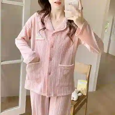 静英鸾 简约甜美可爱卡通条纹小花翻领亲肤舒适可外穿家居服睡衣套装 女款