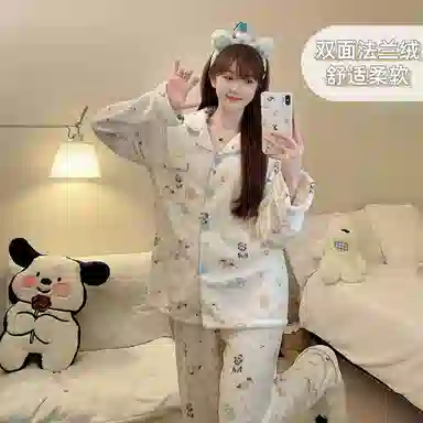 静英鸾 翻领舒适透气卡通图案长袖长裤家居服睡衣套装 女款