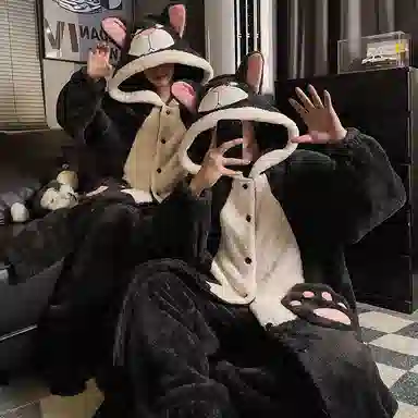 静英鸾 可爱小猫甜美风珊瑚绒加厚加绒保暖家居服秋冬季睡衣套装 男女同款