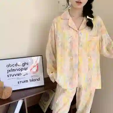 静英鸾 云朵棉长袖长裤翻领开衫甜美蝴蝶条纹纯色休闲家居服秋冬季睡衣套装 女款