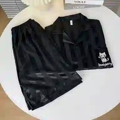 静英鸾 夏季男简约休闲风短袖条纹卡通小猫图案家居服睡衣礼盒 男款