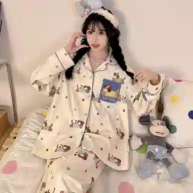 静英鸾 德绒长袖长裤翻领开衫可爱卡通腊肠狗休闲两件套家居服秋冬季睡衣套装 女款