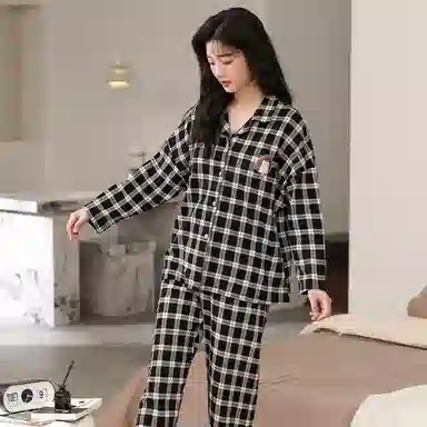 静英鸾 简约情侣格子翻领长袖长裤透气家居服睡衣套装 男女同款