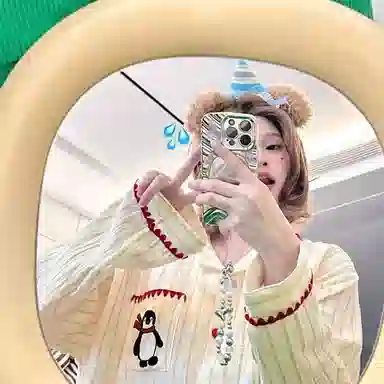 静英鸾 加厚保暖卡通企鹅红领巾翻领开衫长袖长裤休闲家居服睡衣套装 女款
