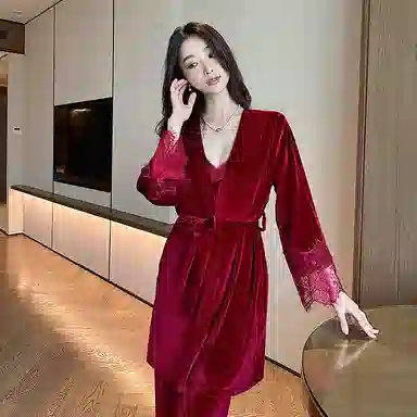 静英鸾 金丝绒长袖睡袍吊带长裤纯色花边性感家居服秋冬季睡衣套装 女款