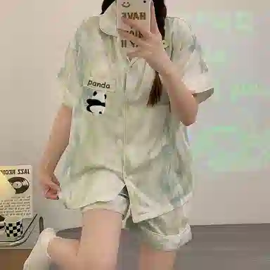 静英鸾 夏季情侣舒适熊猫图案亲肤透气短袖短裤家居服睡衣套装 男女同款