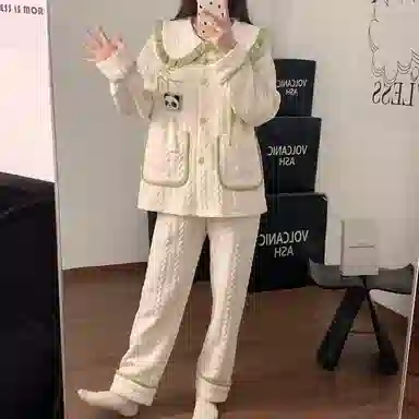 静英鸾 珊瑚绒三层夹棉保暖加绒加厚长袖长裤可爱小清新熊猫家居服冬季睡衣套装 女款