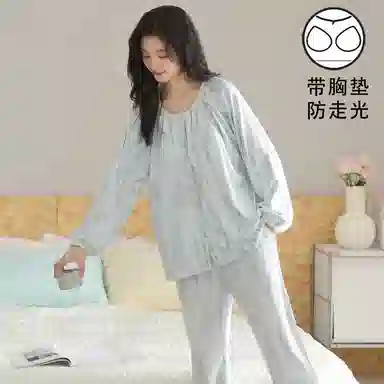 静英鸾 带胸垫翻领休闲甜美可爱时尚简约蓝亲肤舒适家居服睡衣套装 女款