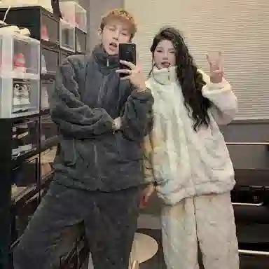 静英鸾 珊瑚绒保暖加绒加厚简约条纹休闲圆领开衫长袖长裤情侣家居服睡衣套装 男女同款