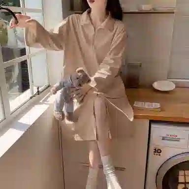 静英鸾 德绒长袖长裙翻领拉链纯色简约家居服秋冬季保暖套装 女款