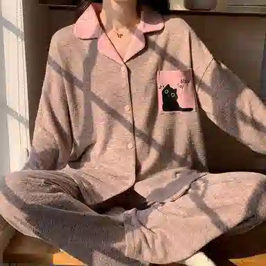 静英鸾 翻领简约甜美休闲时尚卡通小猫亲肤舒适可外穿家居服睡衣套装 女款