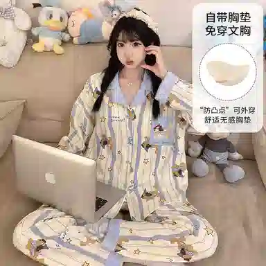 静英鸾 仿棉带胸垫长袖长裤翻领开衫卡通条纹星星腊肠狗家居服春秋季睡衣套装 女款