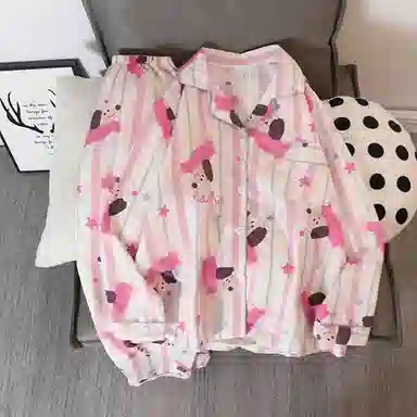 静英鸾 家居女条纹舒适卡通小狗图案长袖翻领可外穿服睡衣套装 女款