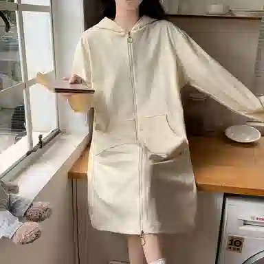 静英鸾 德绒长袖长裙连帽拉链纯色简约休闲舒适家居服秋冬季保暖套装 女款