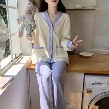 静英鸾 德绒长袖长裤和尚领开衫纯色简约甜美两件套家居服秋冬季保暖套装 女款