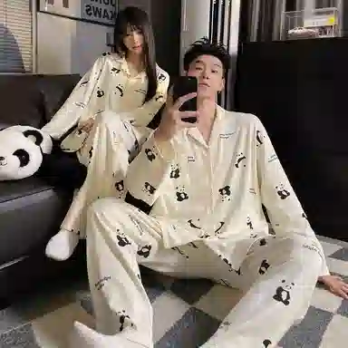 静英鸾 秋季翻领卡通熊猫慵懒甜美风休闲家居服睡衣套装 男女同款