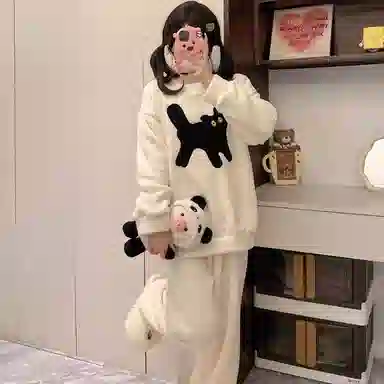 静英鸾 冬季卡通小猫甜美风半边绒加厚保暖圆领休闲舒适家居服睡衣套装 女款