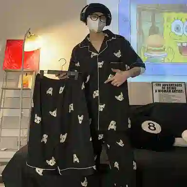 静英鸾 简约短袖长裤斗法犬家居服春夏秋款三件套睡衣礼盒 男款