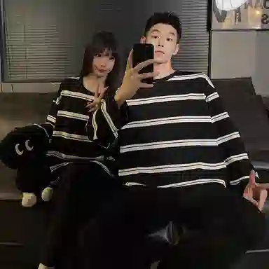 静英鸾 纯棉简约纯色条纹圆领套头长袖长裤休闲家居服秋冬季睡衣套装 男女同款