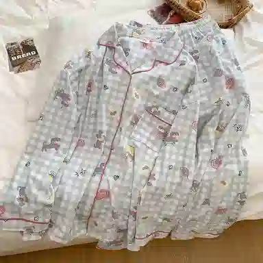 静英鸾 翻领格子可爱小狗甜美风休闲舒适家居服睡衣套装 女款