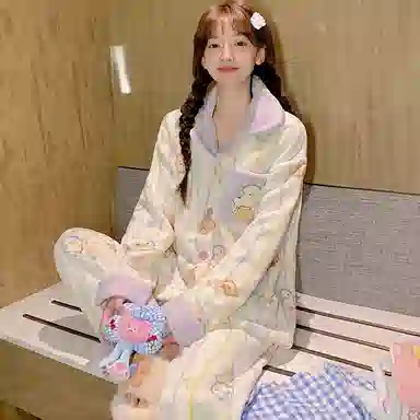 静英鸾 翻领简约休闲时尚甜美可爱卡通鸭子法兰绒亲肤柔软舒适可外穿家居服睡衣套装 女款