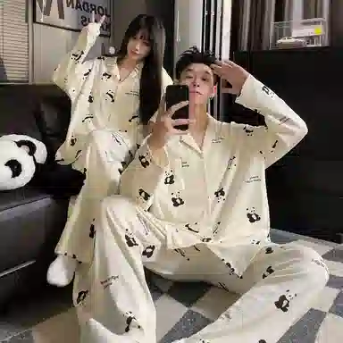 静英鸾 秋季翻领卡通熊猫慵懒甜美风休闲家居服睡衣套装 男女同款
