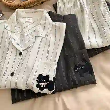 静英鸾 翻领条纹可爱小猫休闲舒适家居服睡衣套装 男女同款