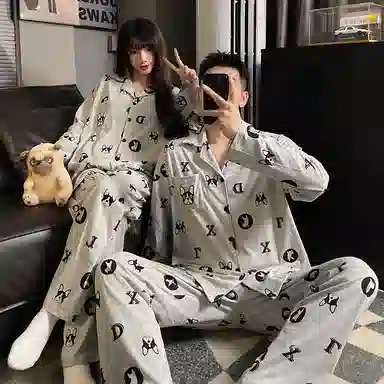 静英鸾 纯棉卡通可爱小狗字母翻领开衫长袖长裤休闲家居服秋冬季睡衣套装 男女同款